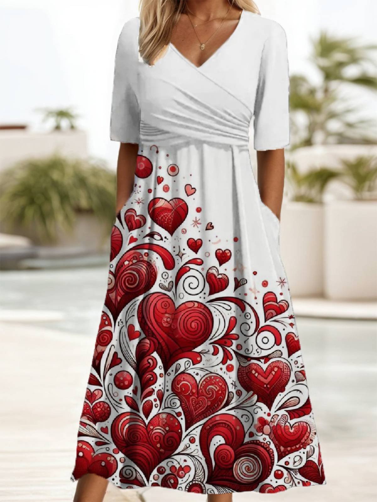 Women's Valentine's Day Love Heart Print Short Sleeve Midi Dress