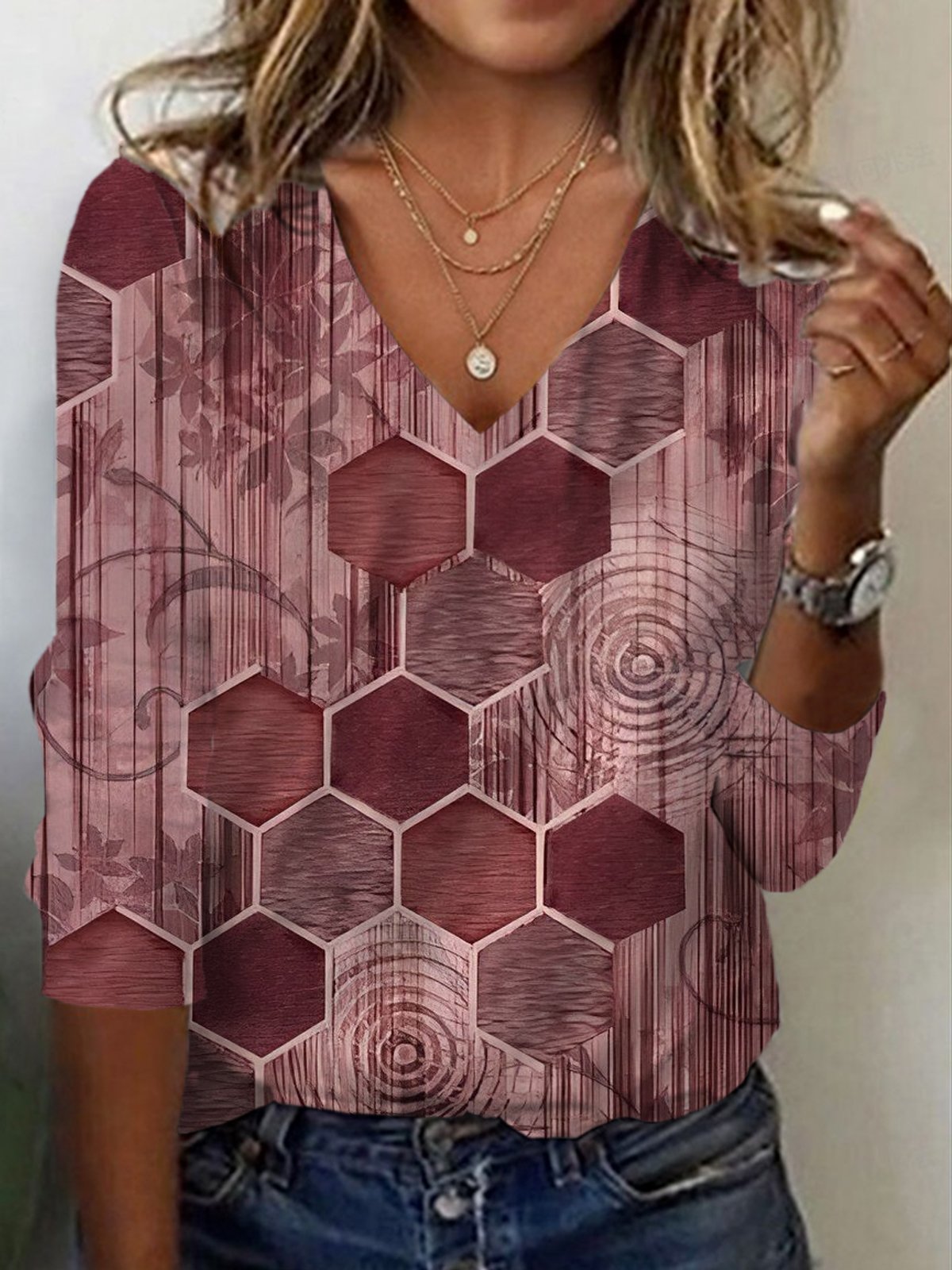 Women's Long Sleeve Tee T-shirt Spring/Fall Geometric Jersey V Neck Daily Going Out Casual Top