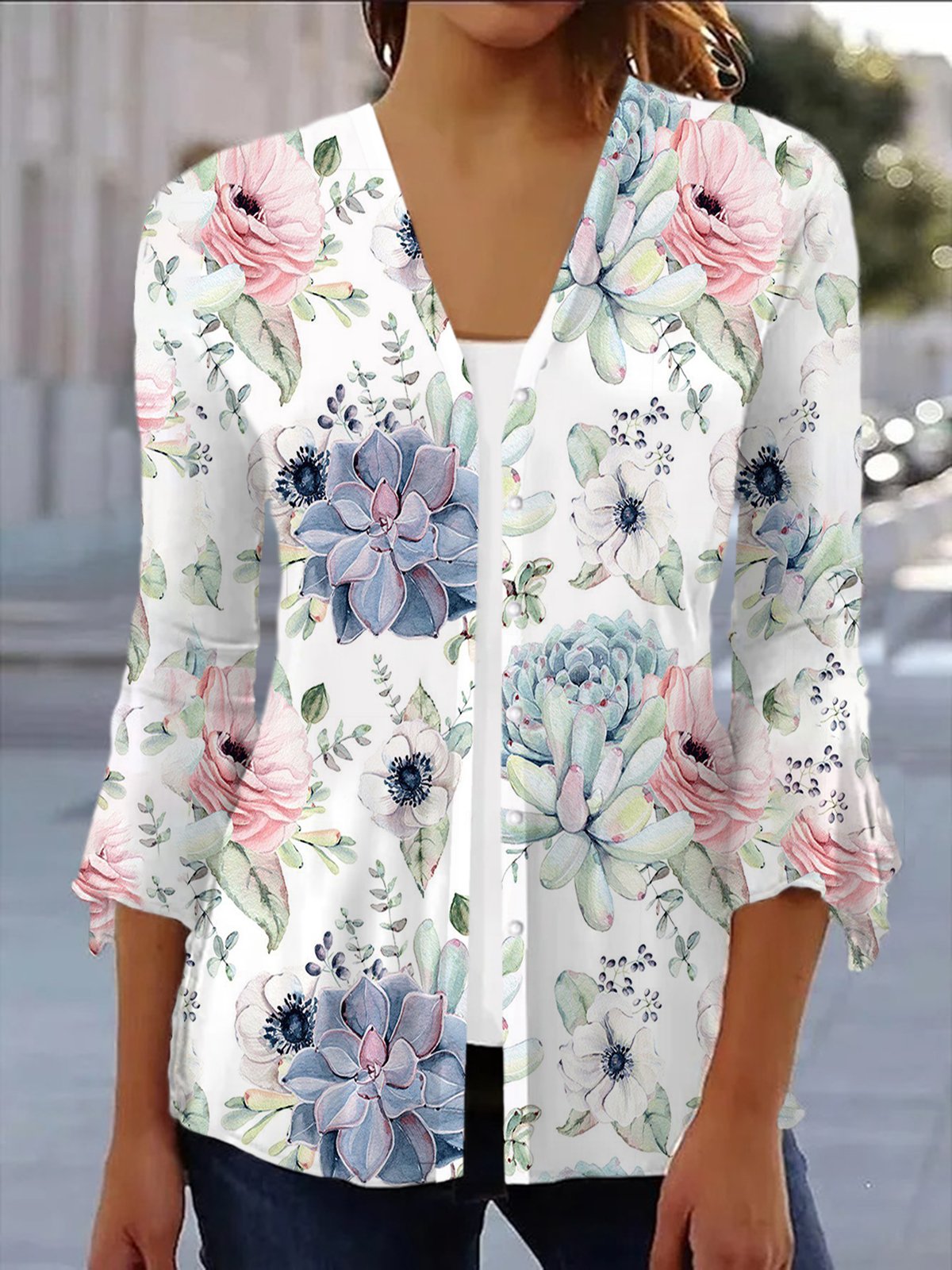 Women's Spring/Fall Outerwear Casual Floral Jersey Shawl Jacket