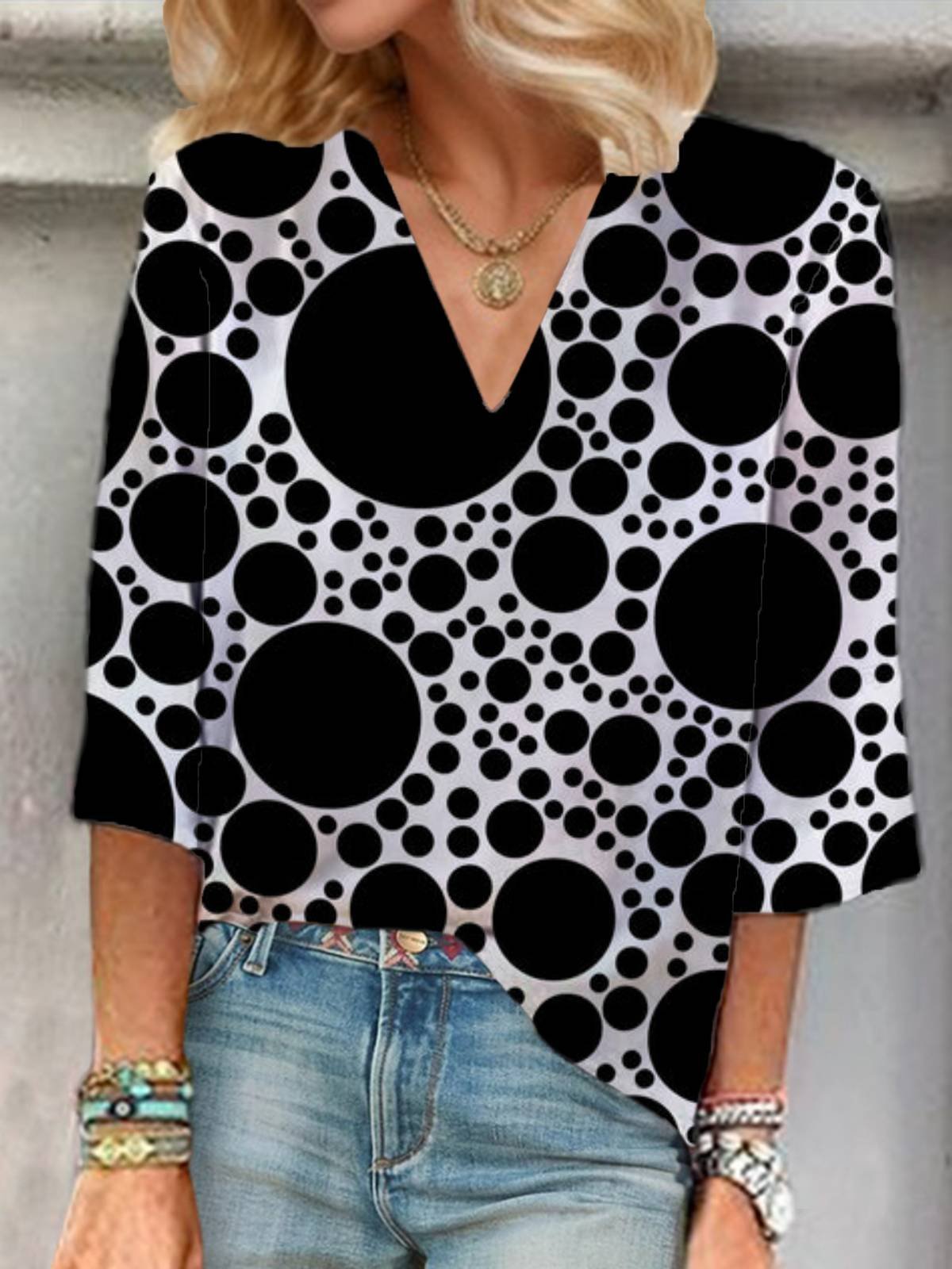 Women's Three Quarter Sleeve Blouse Spring/Fall Polka Dots V Neck Holiday Going Out Casual Top