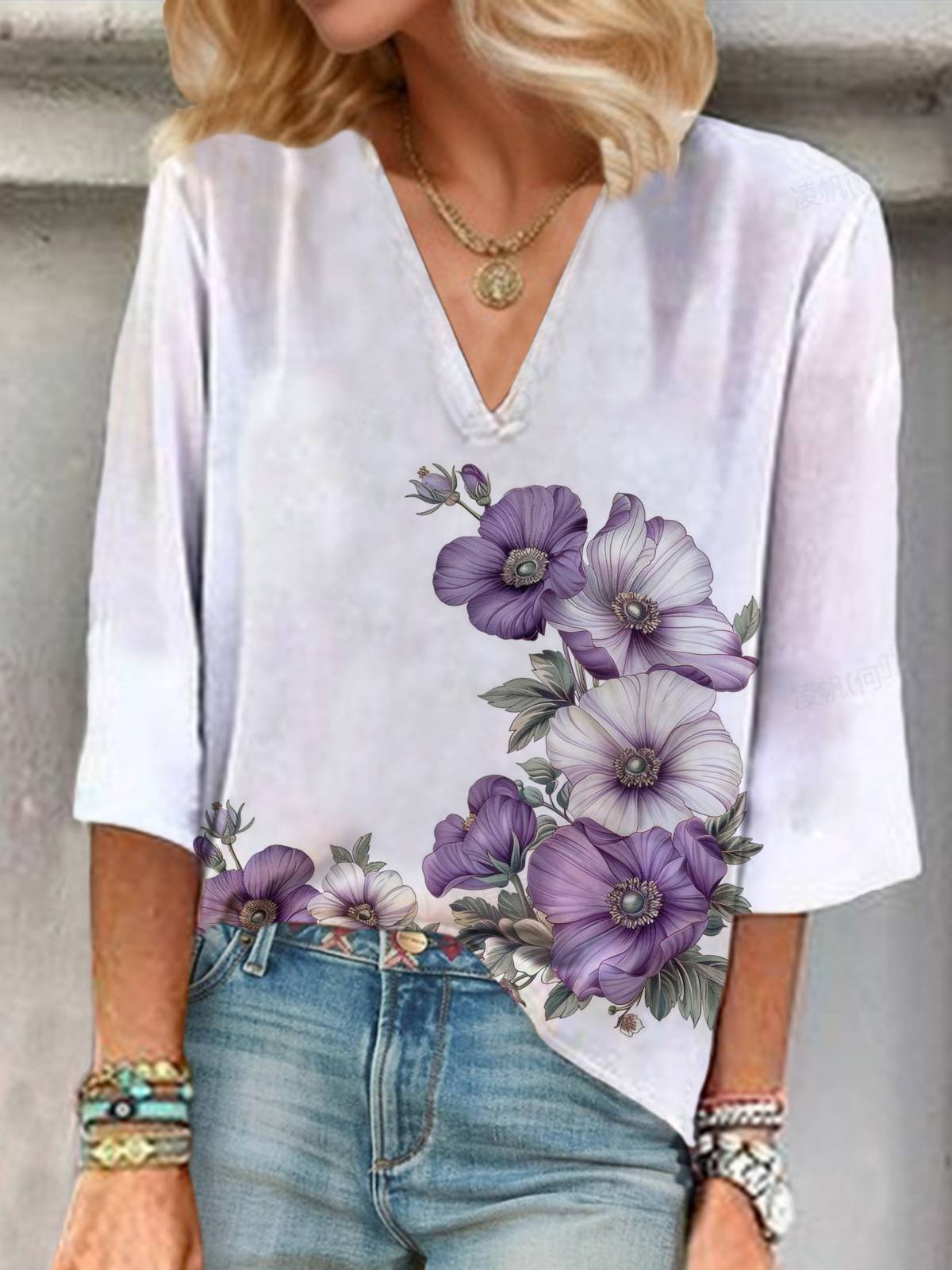 Women's Three Quarter Sleeve Blouse Spring/Fall Floral V Neck Holiday Going Out Casual Top