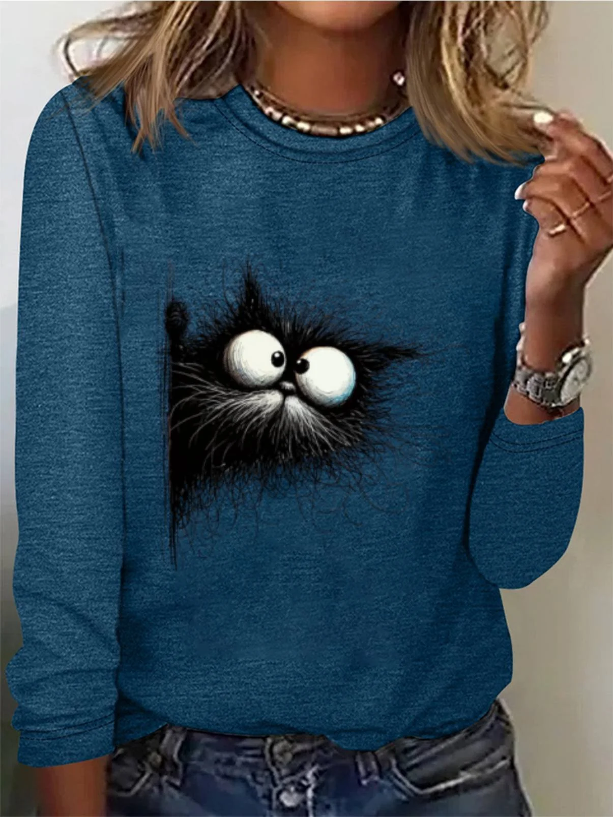 Women's Long Sleeve Tee T-shirt Spring/Fall Cat Jersey Crew Neck Daily Going Out Casual Top