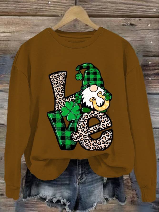 Women's St Patricks Day Gnome Love Print Crew Neck Sweatshirt