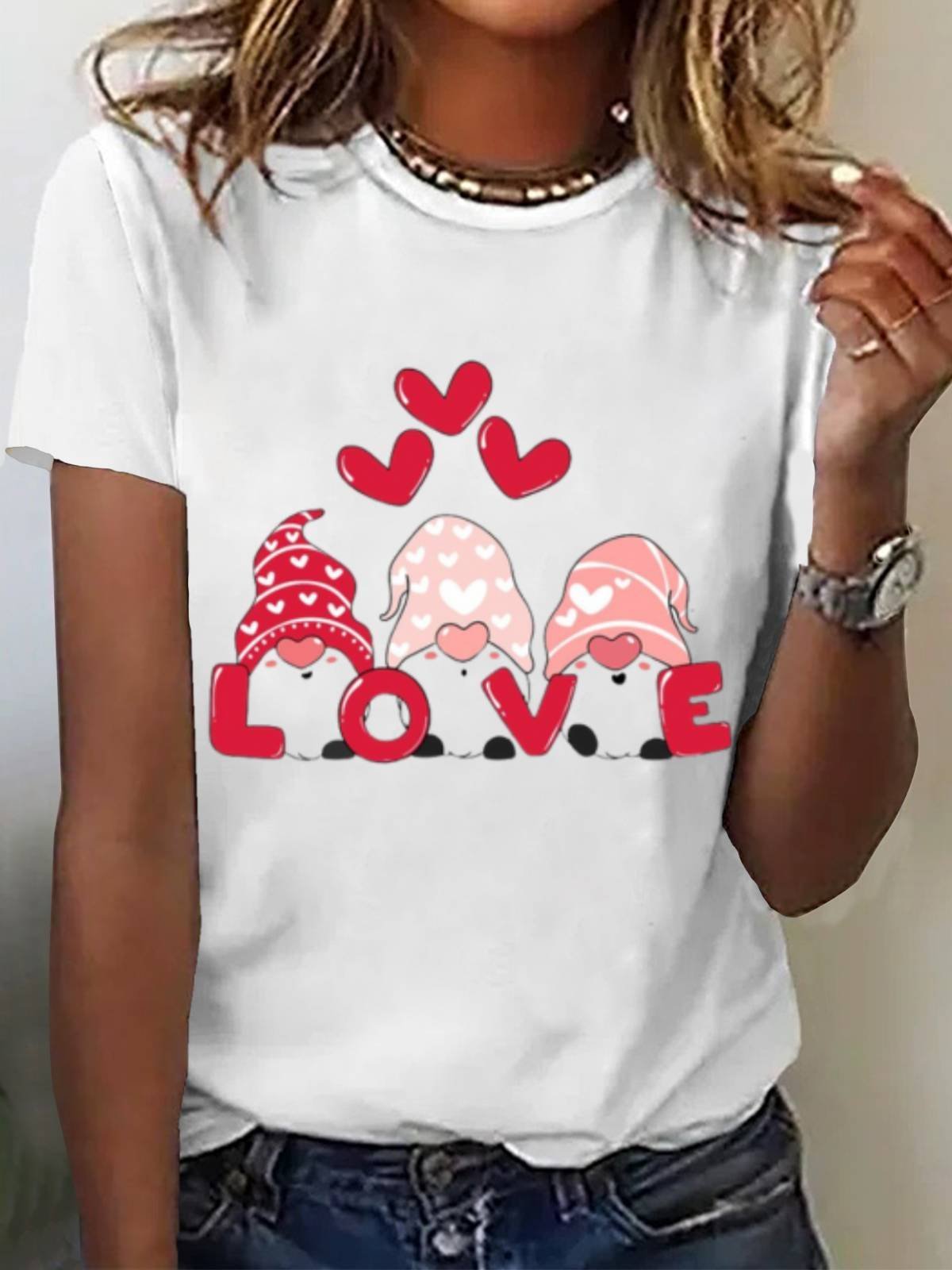 Women's Valentine's Day Gnomes Love Heart Print Graphic Print Short Sleeve Round Neck T-Shirt