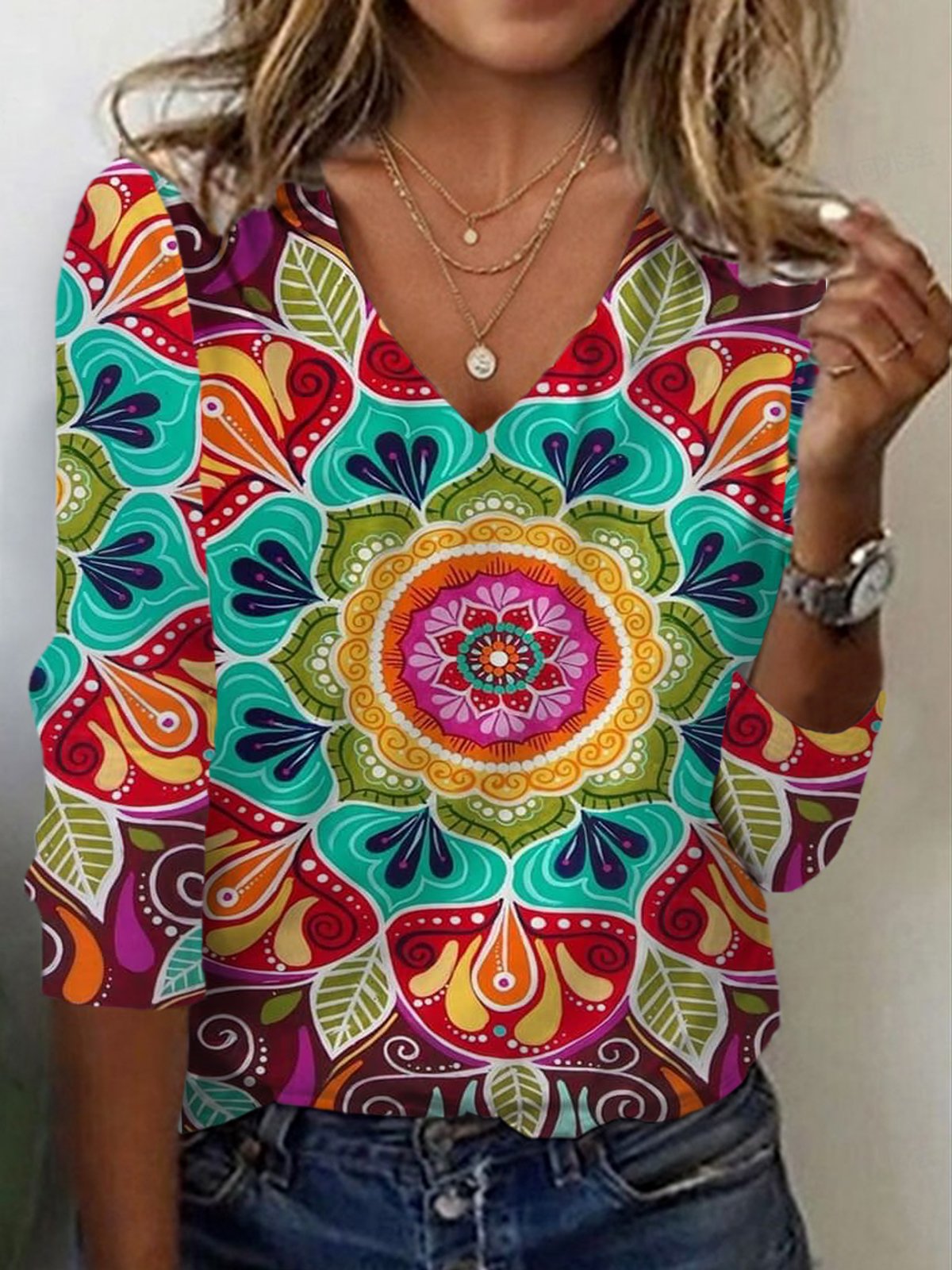 Women's Long Sleeve Tee T-shirt Spring/Fall Ethnic Jersey V Neck Holiday Going Out Casual Top