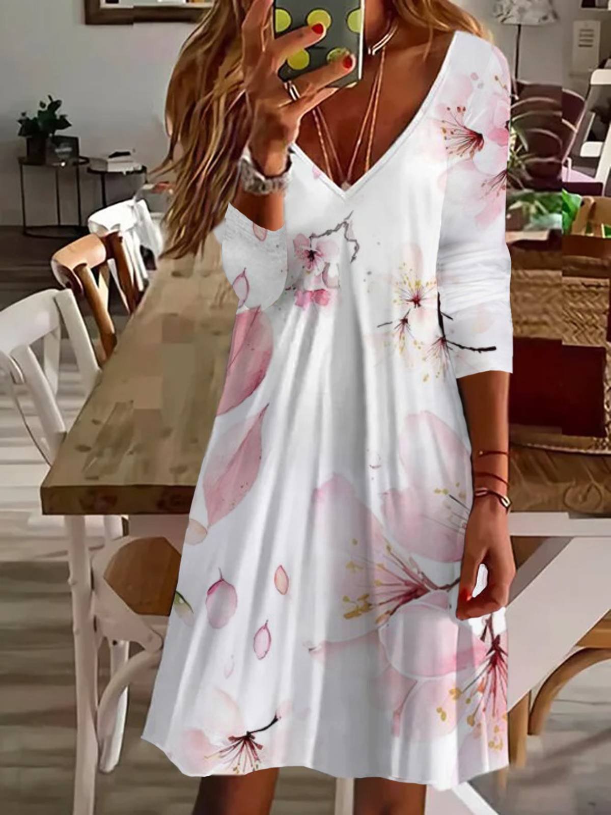 Women's Long Sleeve Summer Floral Jersey Dress V Neck Holiday Going Out Casual Midi A-Line TUNIC