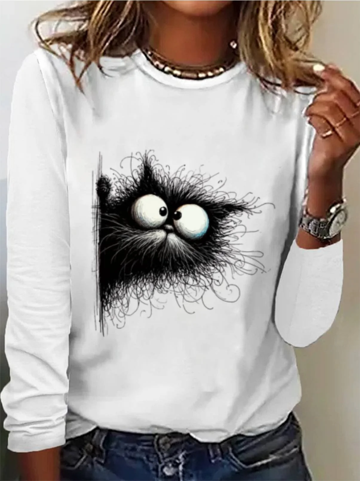 Women's Long Sleeve Tee T-shirt Spring/Fall Cat Jersey Crew Neck Daily Going Out Casual Top