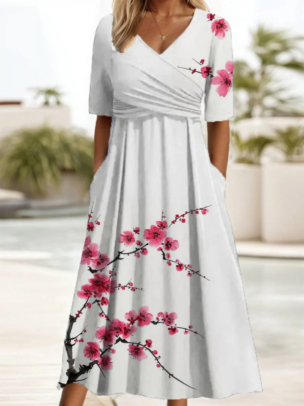 Women's Short Sleeve Summer Floral Dress V Neck Holiday Going Out Casual Maxi A-Line