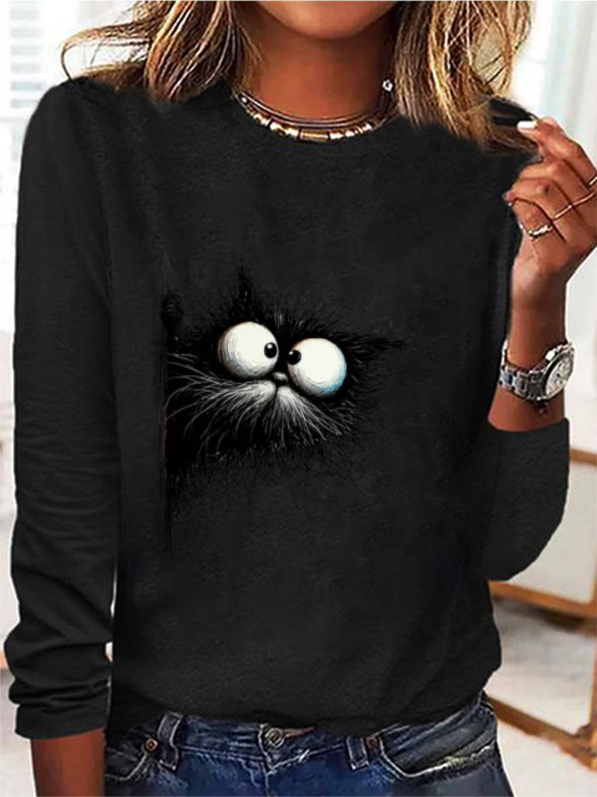 Women's Long Sleeve Tee T-shirt Spring/Fall Cat Jersey Crew Neck Daily Going Out Casual Top