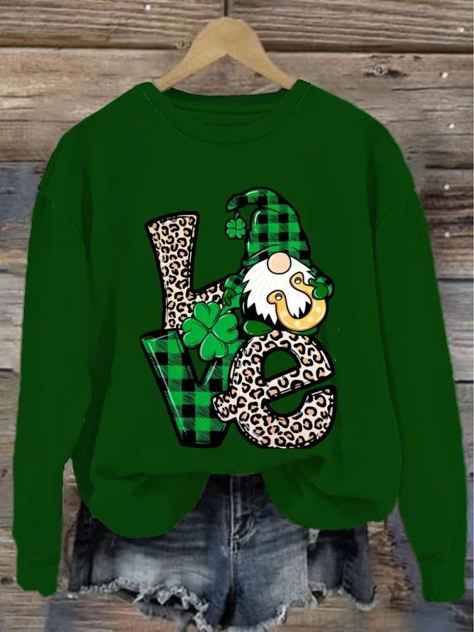 Women's St Patricks Day Gnome Love Print Crew Neck Sweatshirt