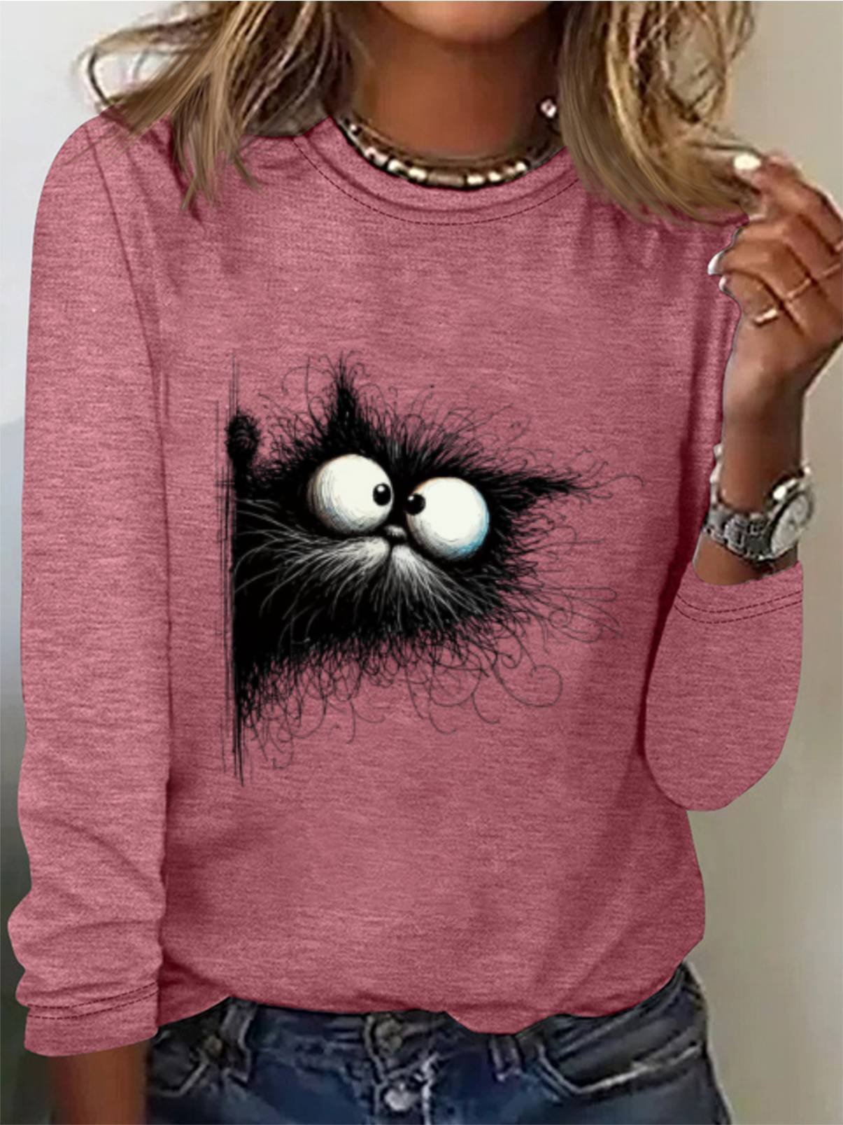 Women's Long Sleeve Tee T-shirt Spring/Fall Cat Jersey Crew Neck Daily Going Out Casual Top