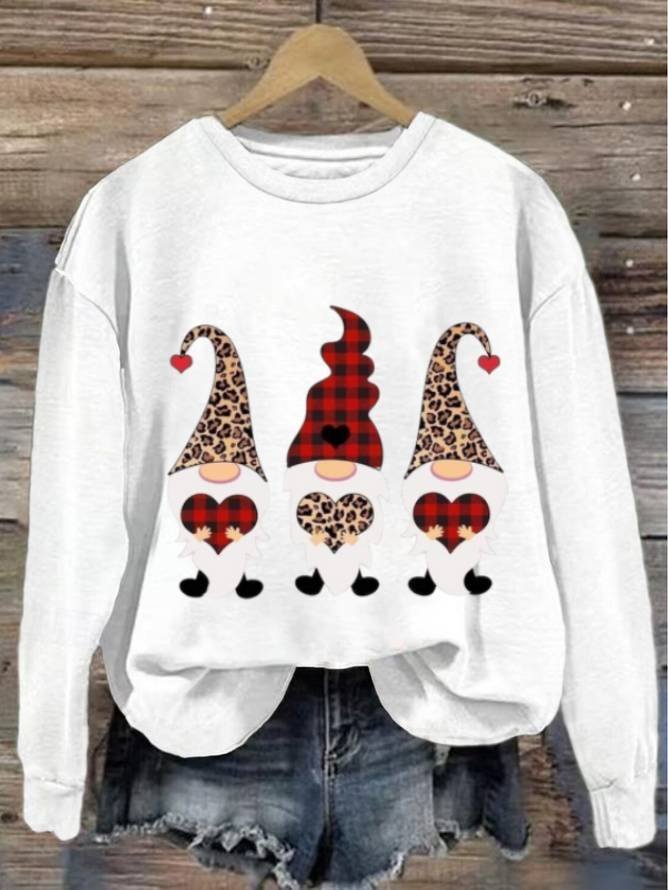 Women's Valentine's Day Gnomes Love Heart Print Graphic Long Sleeve Crew Neck Sweatshirt