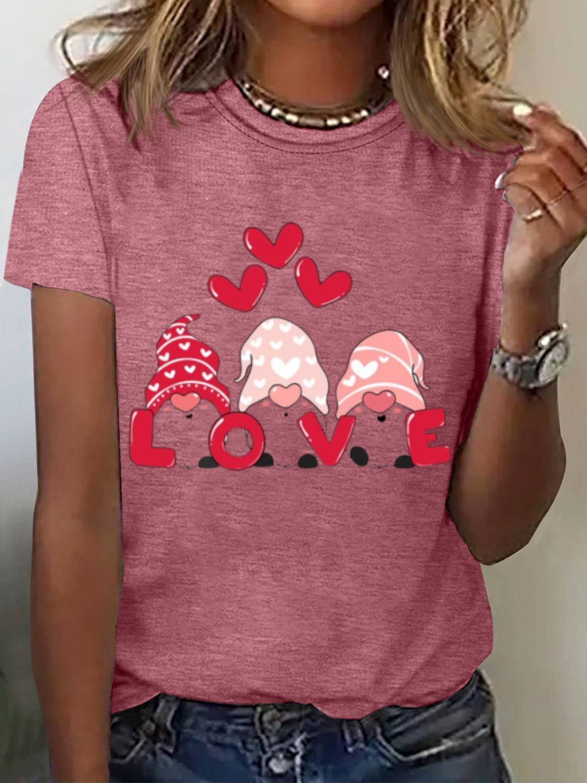 Women's Valentine's Day Gnomes Love Heart Print Graphic Print Short Sleeve Round Neck T-Shirt