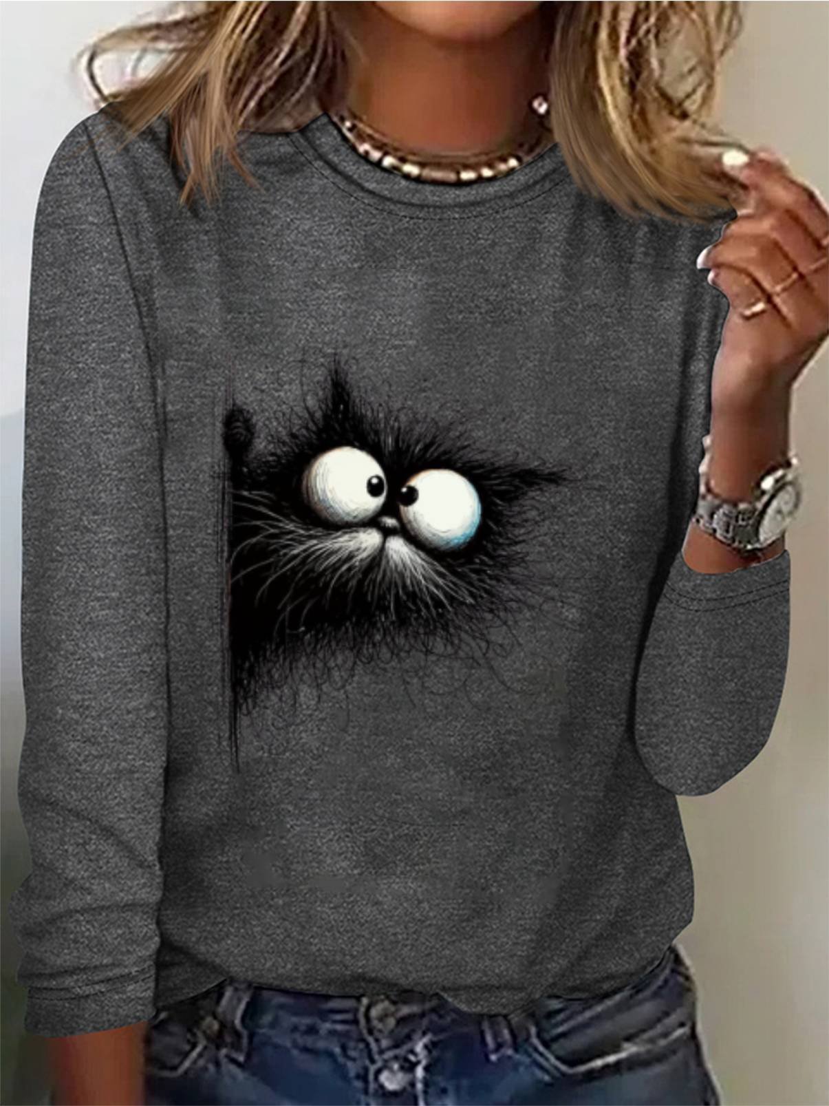 Women's Long Sleeve Tee T-shirt Spring/Fall Cat Jersey Crew Neck Daily Going Out Casual Top