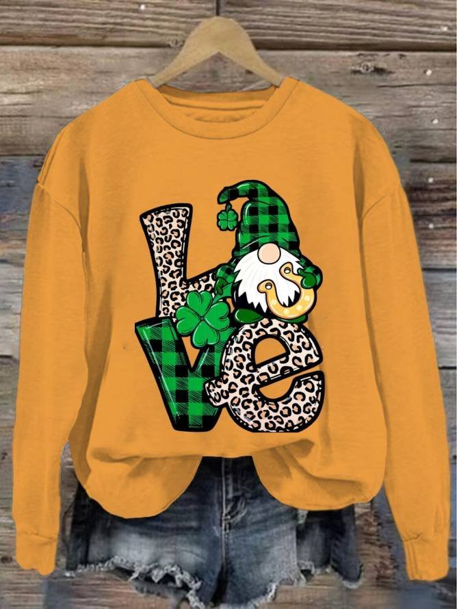 Women's St Patricks Day Gnome Love Print Crew Neck Sweatshirt