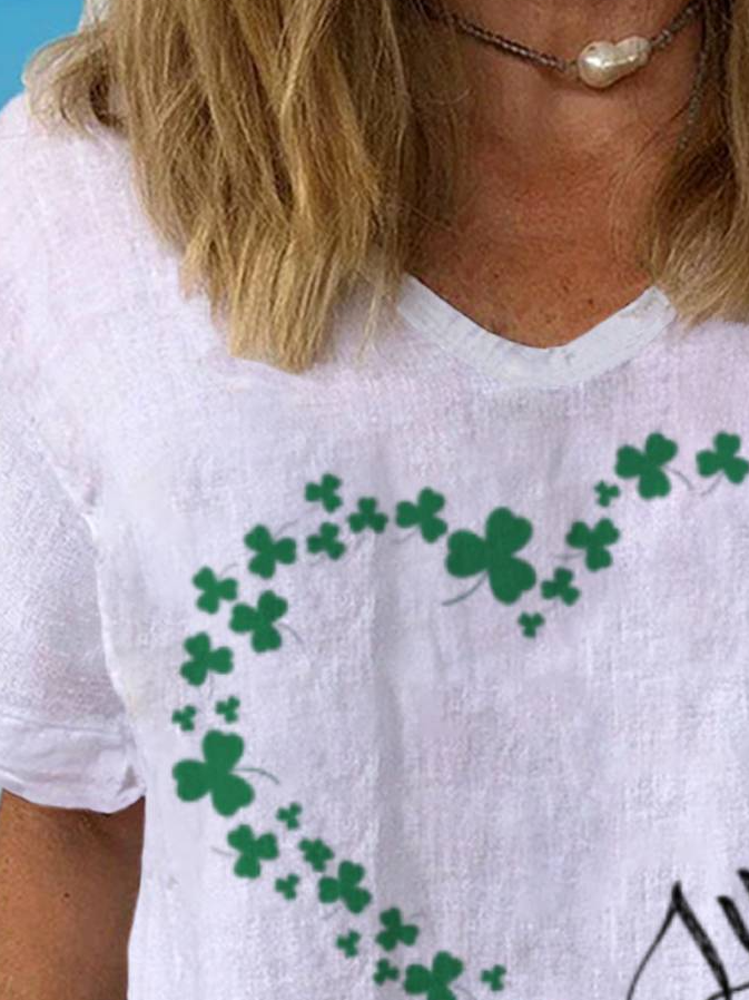 Women's St Patricks Day Shamrock Love Print Short Sleeve V Neck Cotton T-Shirt