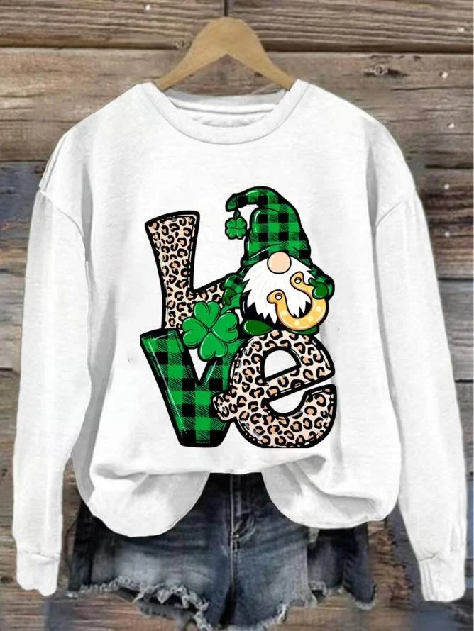 Women's St Patricks Day Gnome Love Print Crew Neck Sweatshirt