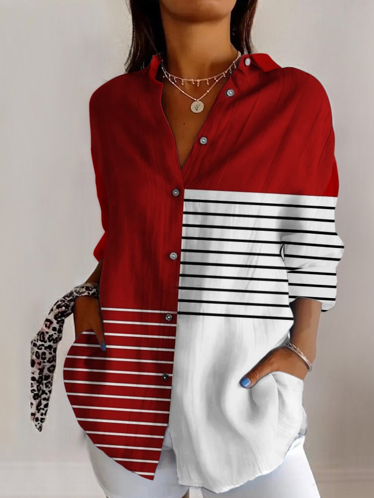 Women's Long Sleeve Shirt Spring/Fall Geometric Cotton Shirt Collar Daily Going Out Casual Top