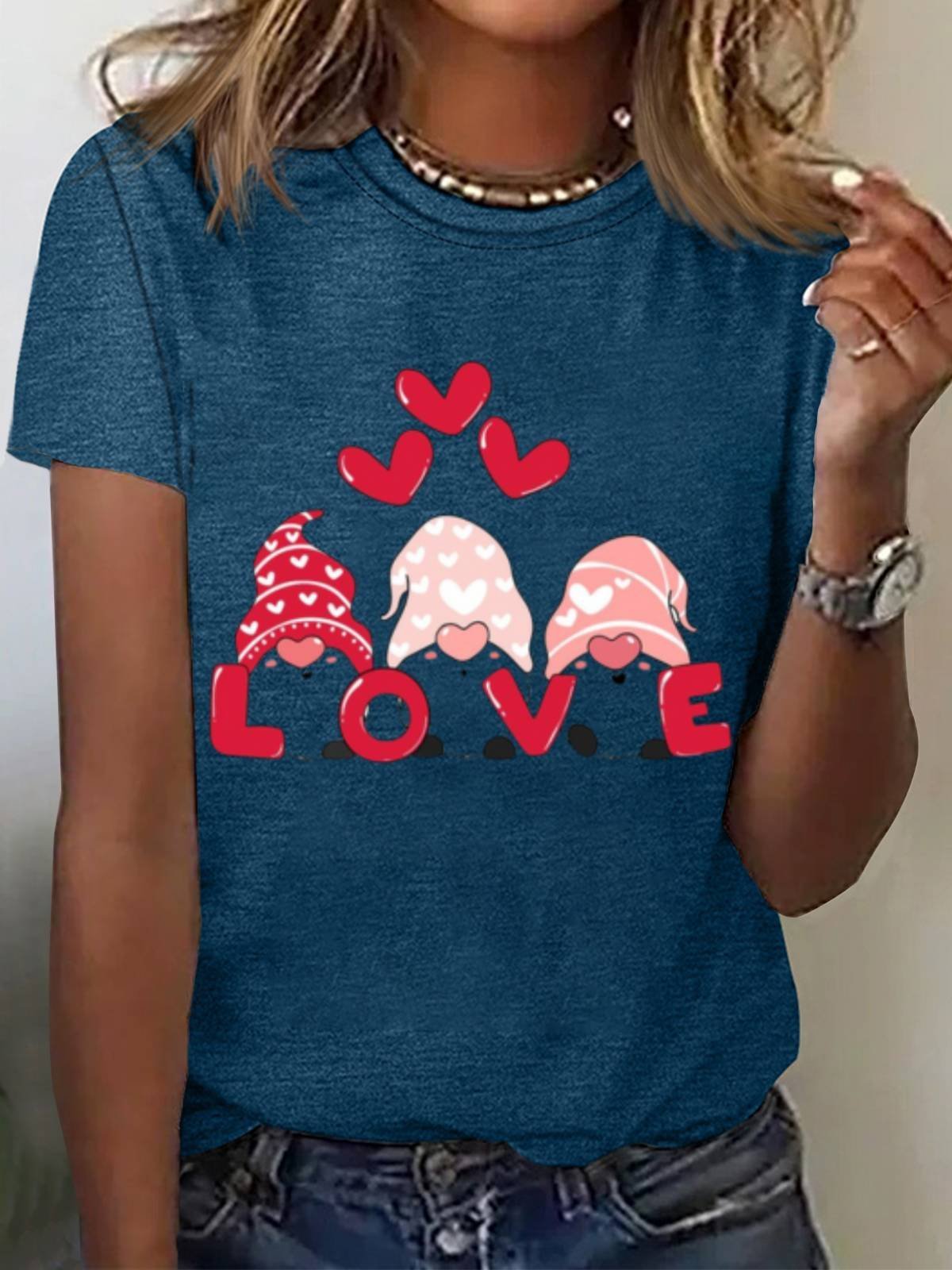 Women's Valentine's Day Gnomes Love Heart Print Graphic Print Short Sleeve Round Neck T-Shirt