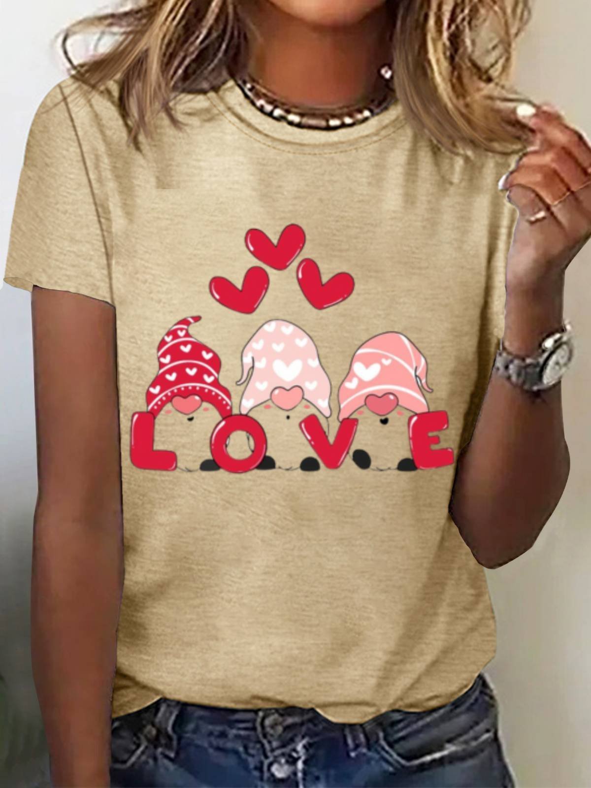 Women's Valentine's Day Gnomes Love Heart Print Graphic Print Short Sleeve Round Neck T-Shirt