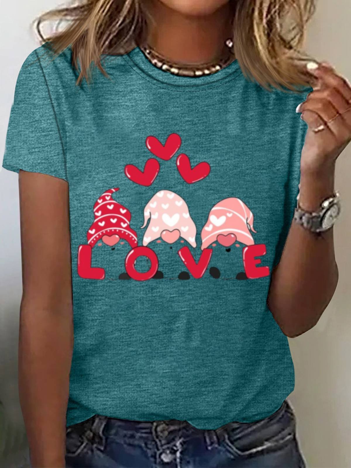 Women's Valentine's Day Gnomes Love Heart Print Graphic Print Short Sleeve Round Neck T-Shirt