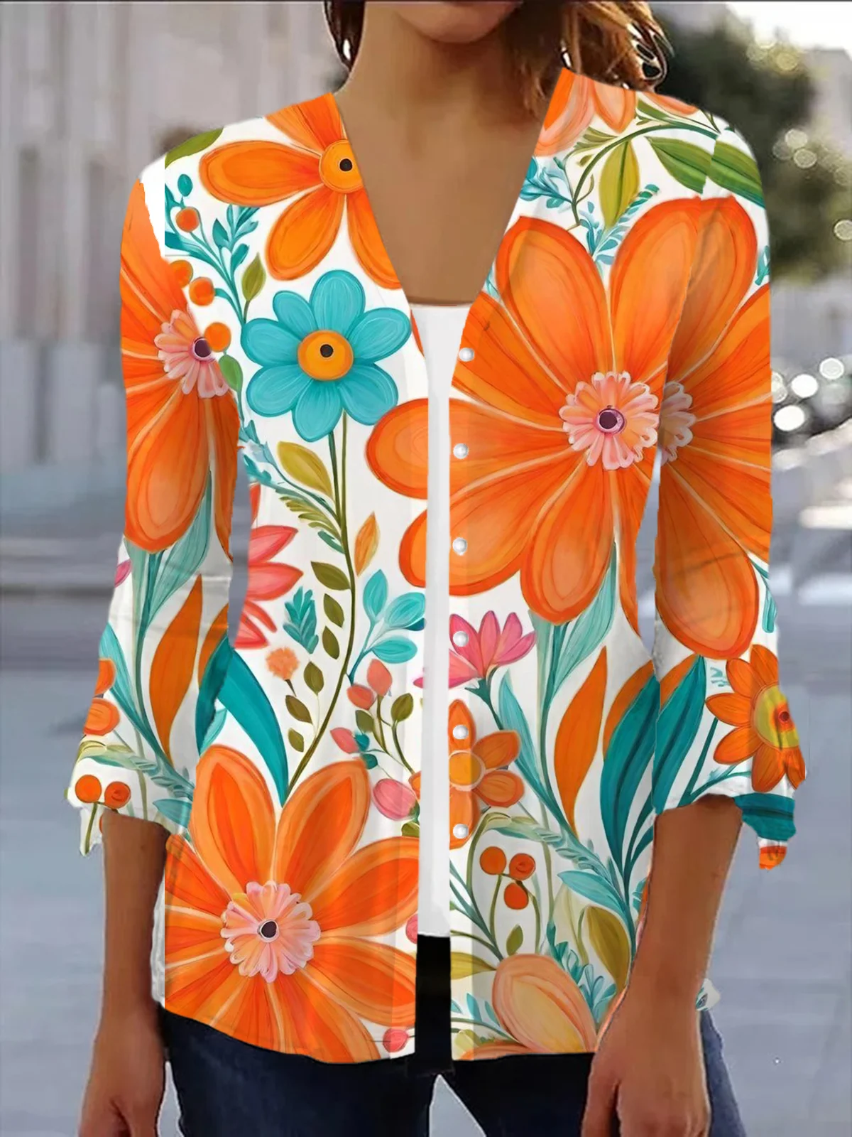 Women's Spring/Fall Outerwear Casual Floral Jersey Shawl Jacket