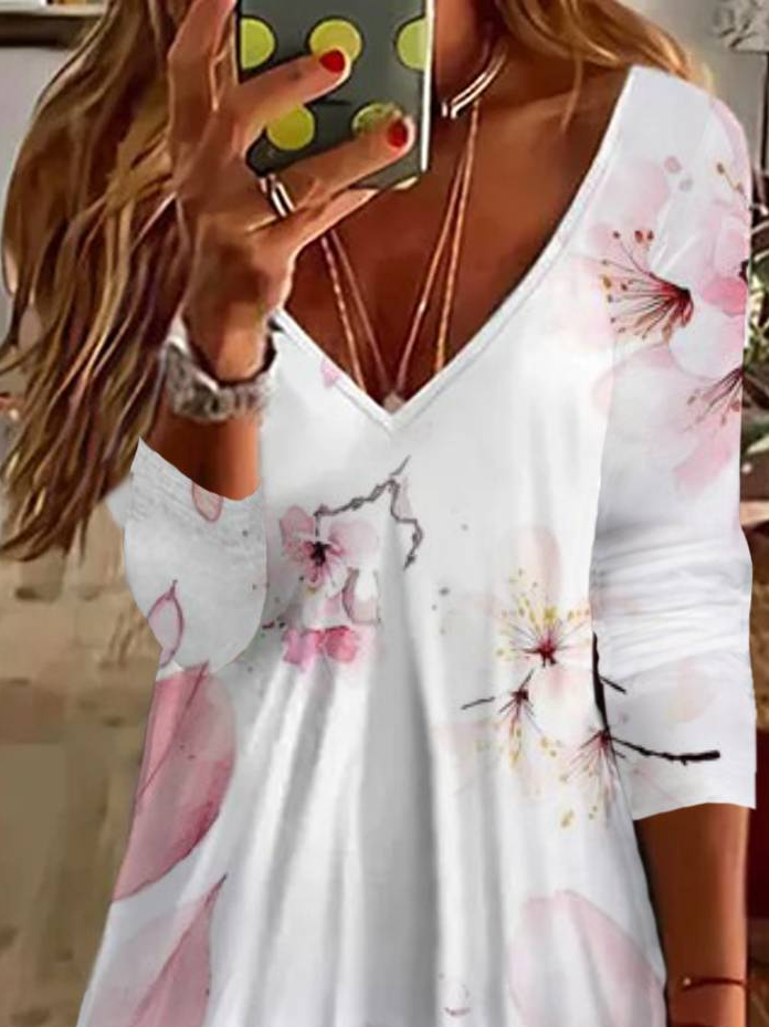 Women's Long Sleeve Summer Floral Jersey Dress V Neck Holiday Going Out Casual Midi A-Line TUNIC