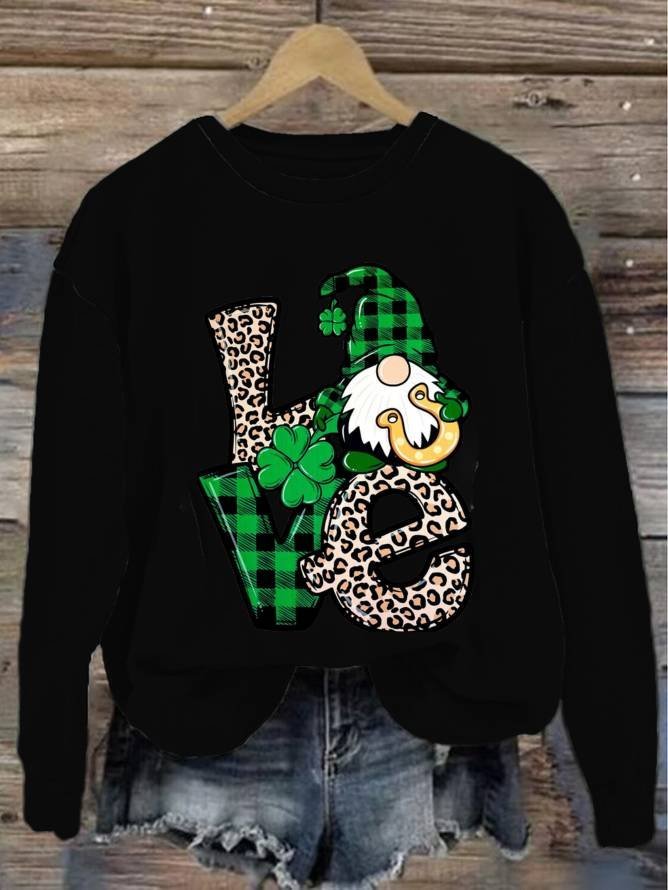 Women's St Patricks Day Gnome Love Print Crew Neck Sweatshirt