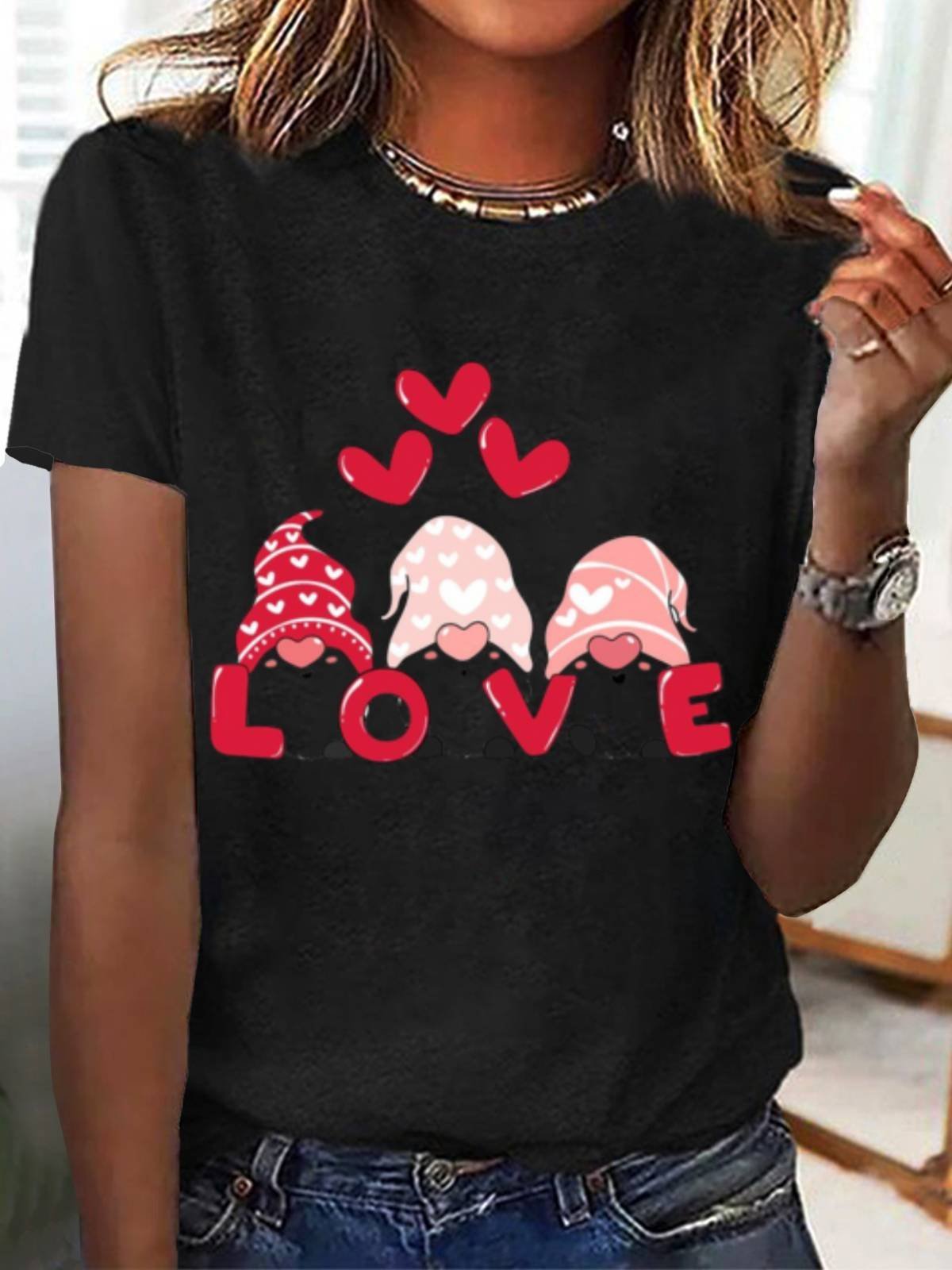 Women's Valentine's Day Gnomes Love Heart Print Graphic Print Short Sleeve Round Neck T-Shirt