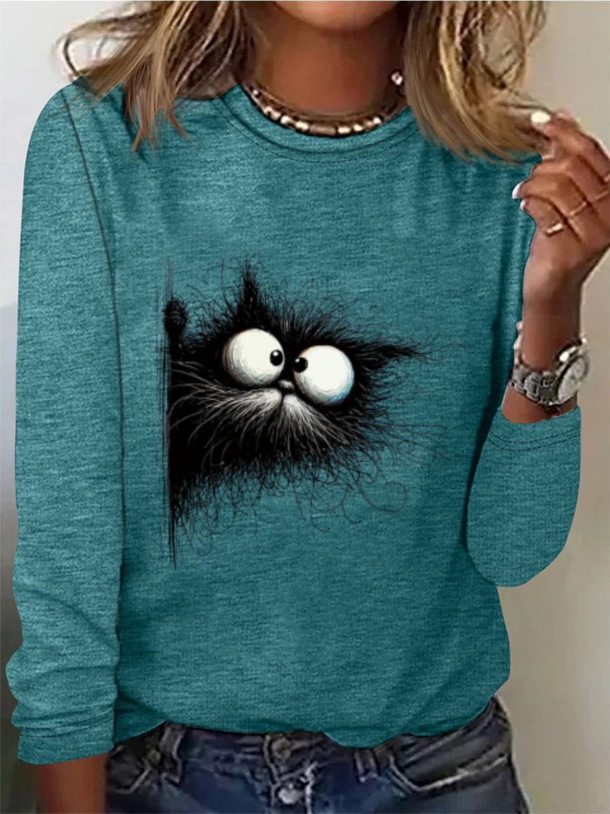 Women's Long Sleeve Tee T-shirt Spring/Fall Cat Jersey Crew Neck Daily Going Out Casual Top