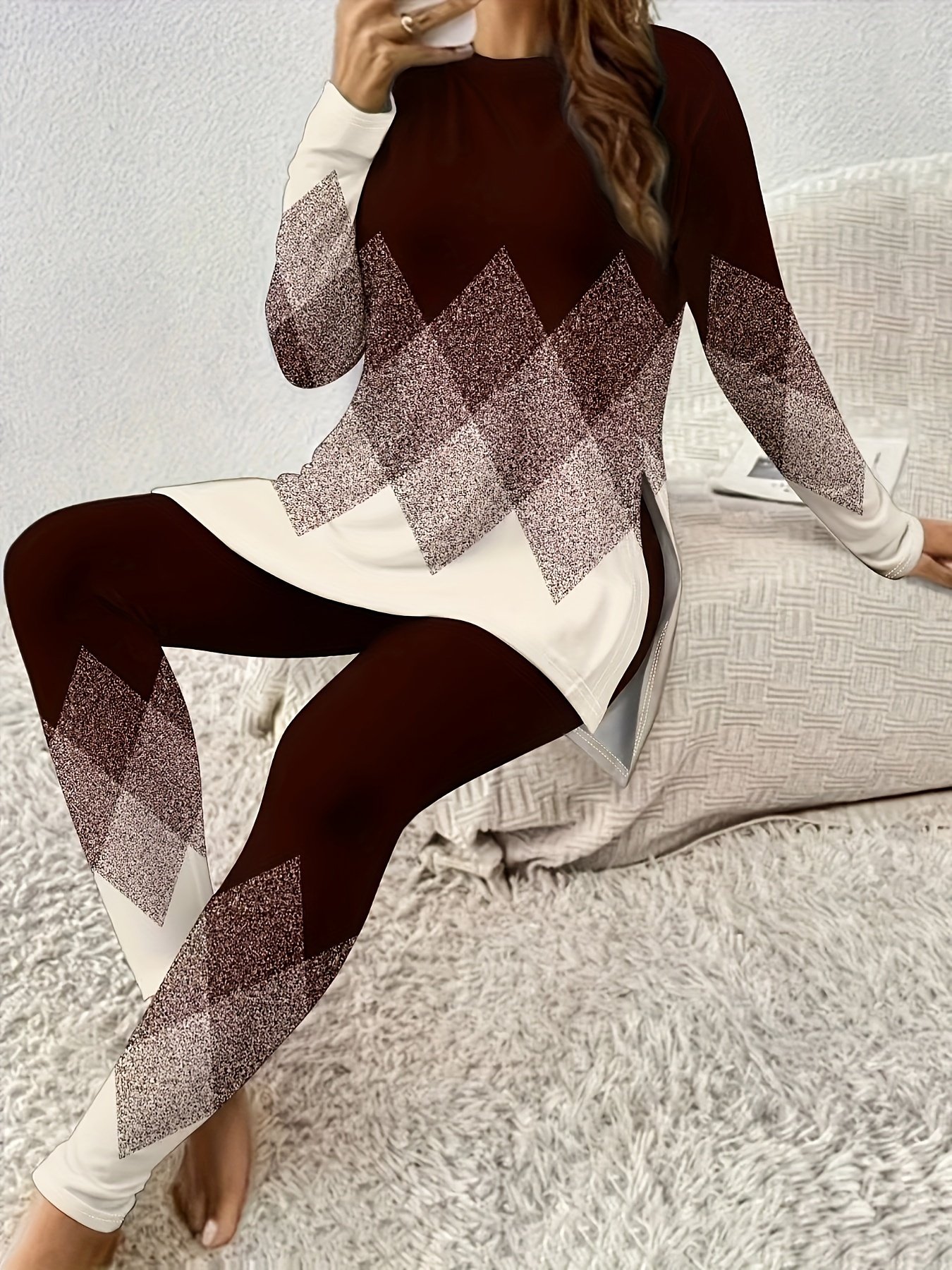 Women's Jersey Geometric Daily Going Out Two Piece Set Long Sleeve Casual Spring/Fall Top With Pants Matching Set