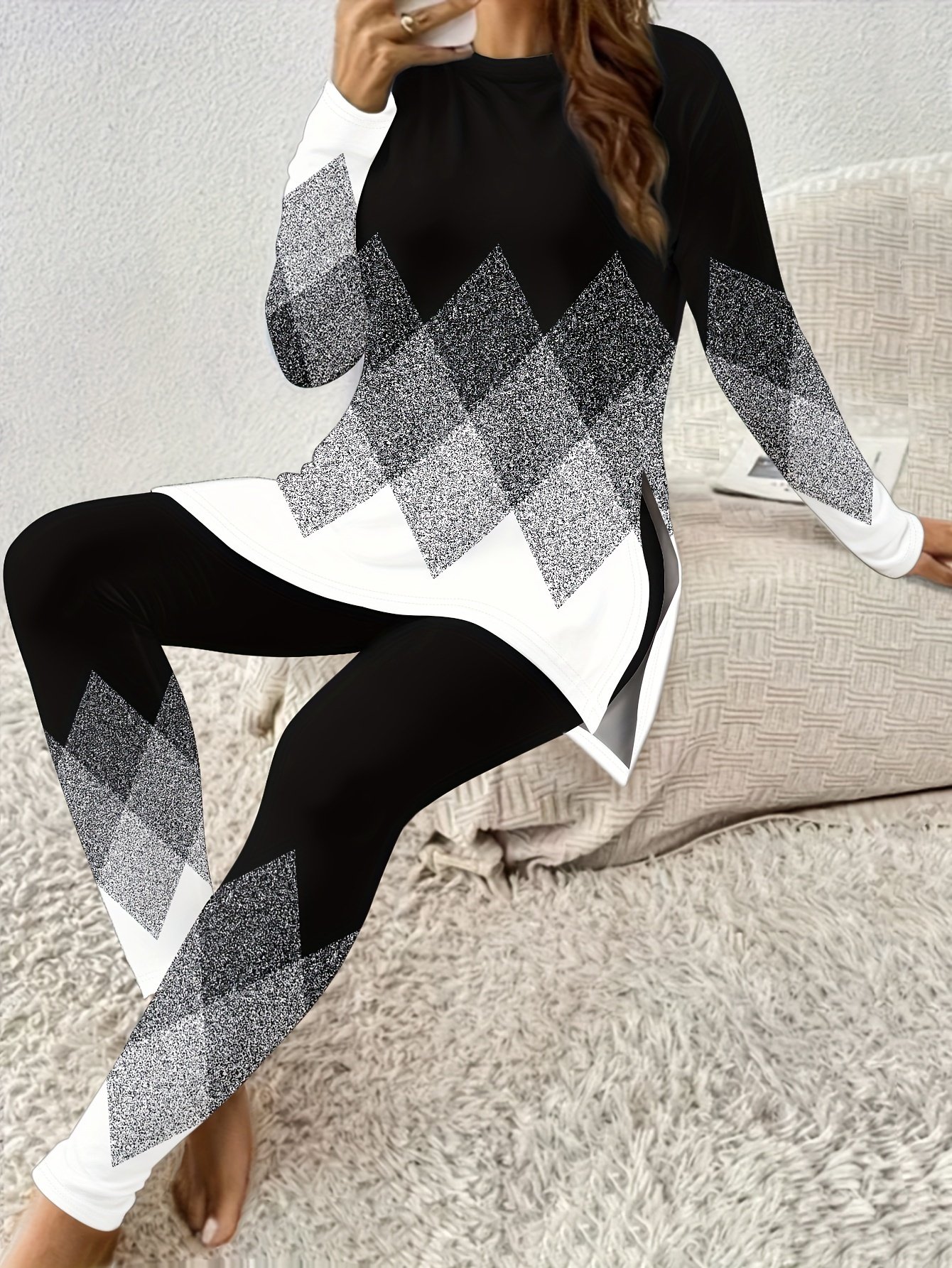 Women's Jersey Geometric Daily Going Out Two Piece Set Long Sleeve Casual Spring/Fall Top With Pants Matching Set