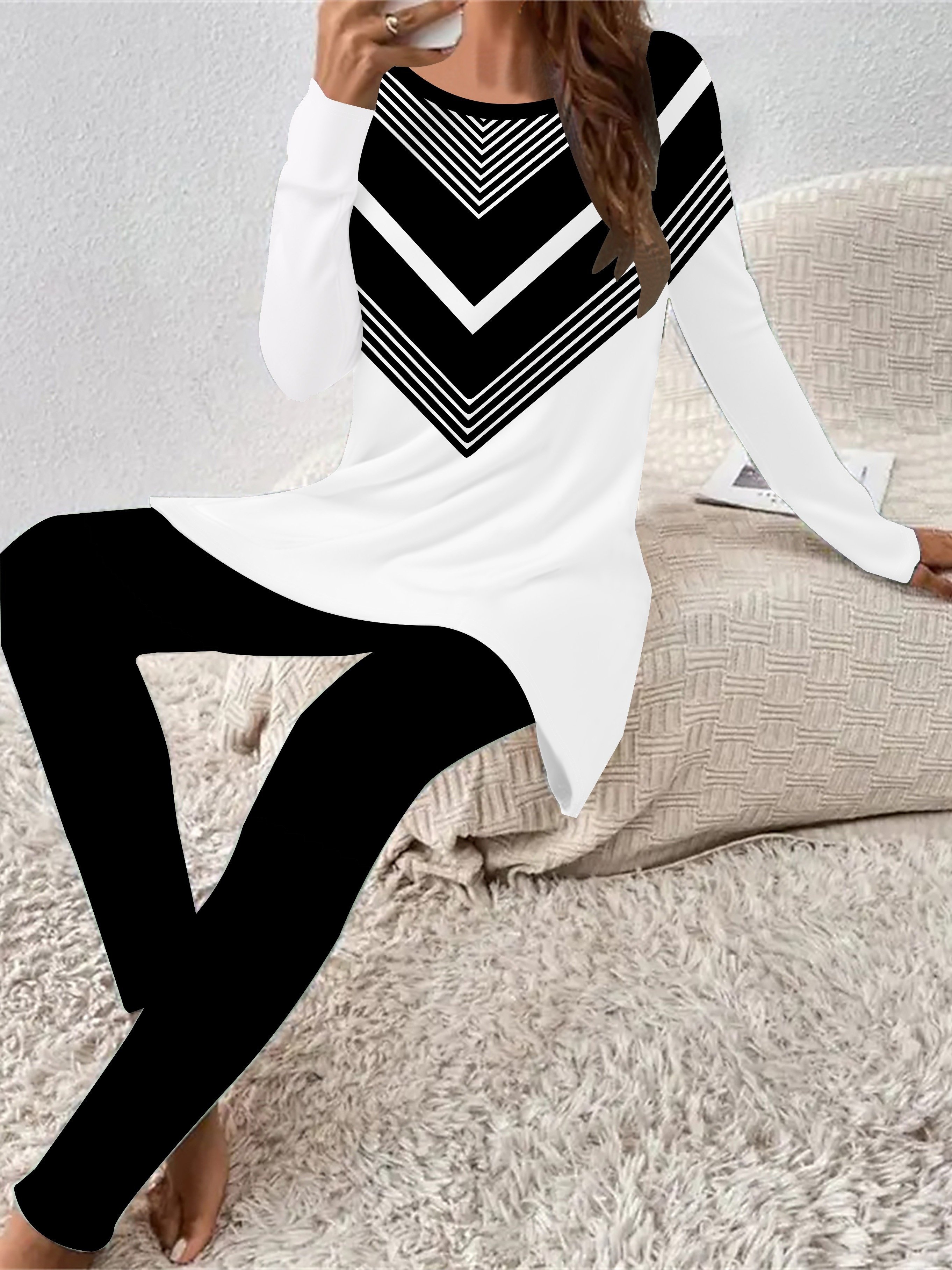 Women's Jersey Geometric Daily Going Out Two Piece Set Long Sleeve Casual Spring/Fall Top With Pants Matching Set