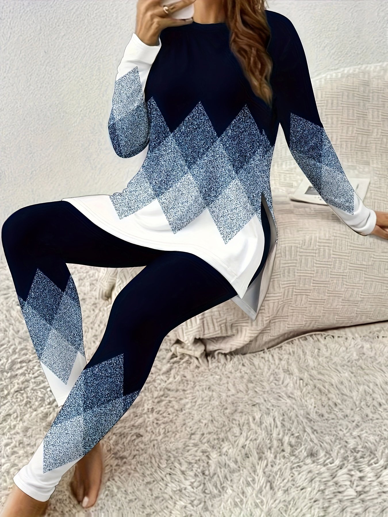 Women's Jersey Geometric Daily Going Out Two Piece Set Long Sleeve Casual Spring/Fall Top With Pants Matching Set