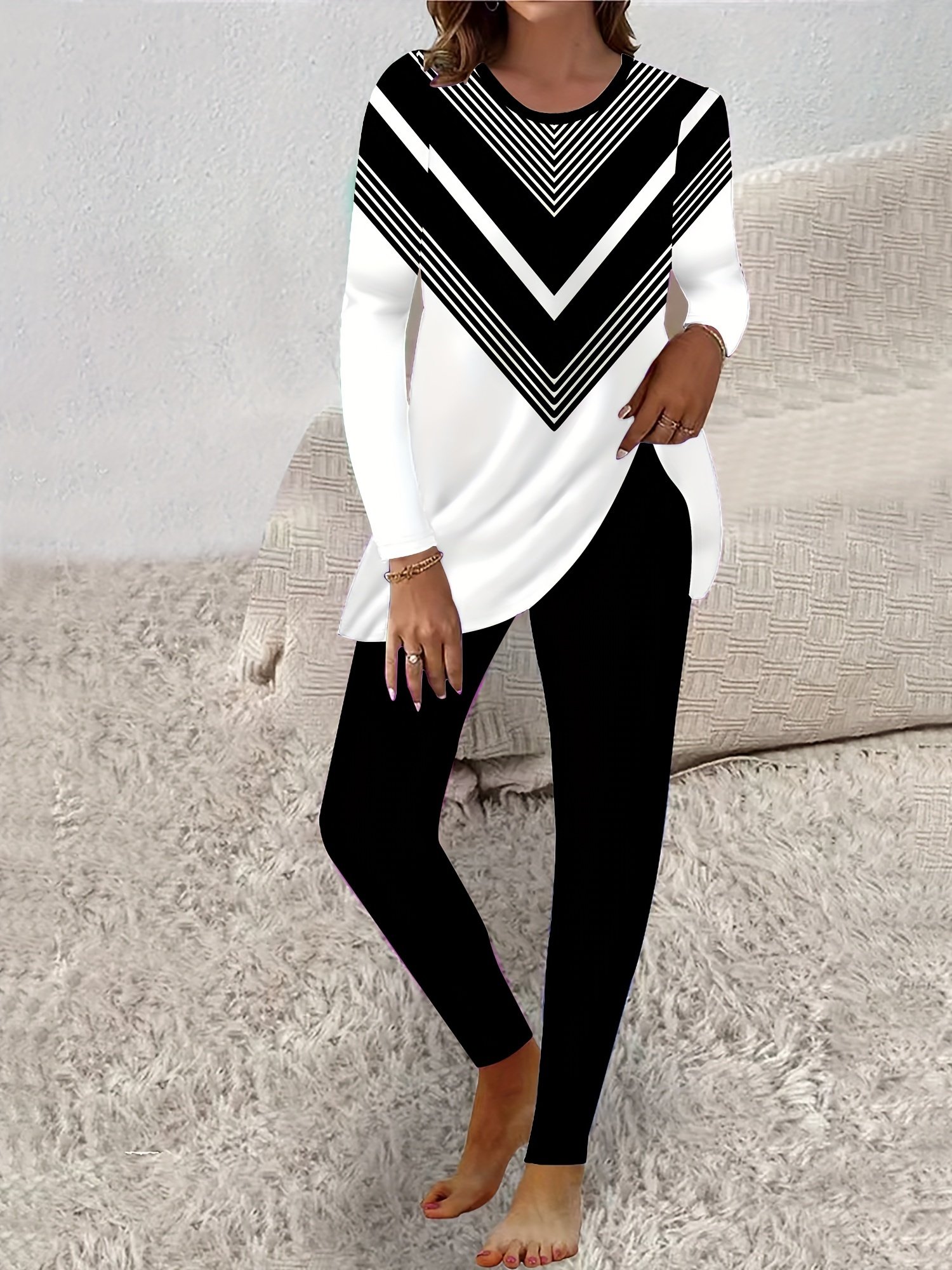 Women's Jersey Geometric Daily Going Out Two Piece Set Long Sleeve Casual Spring/Fall Top With Pants Matching Set