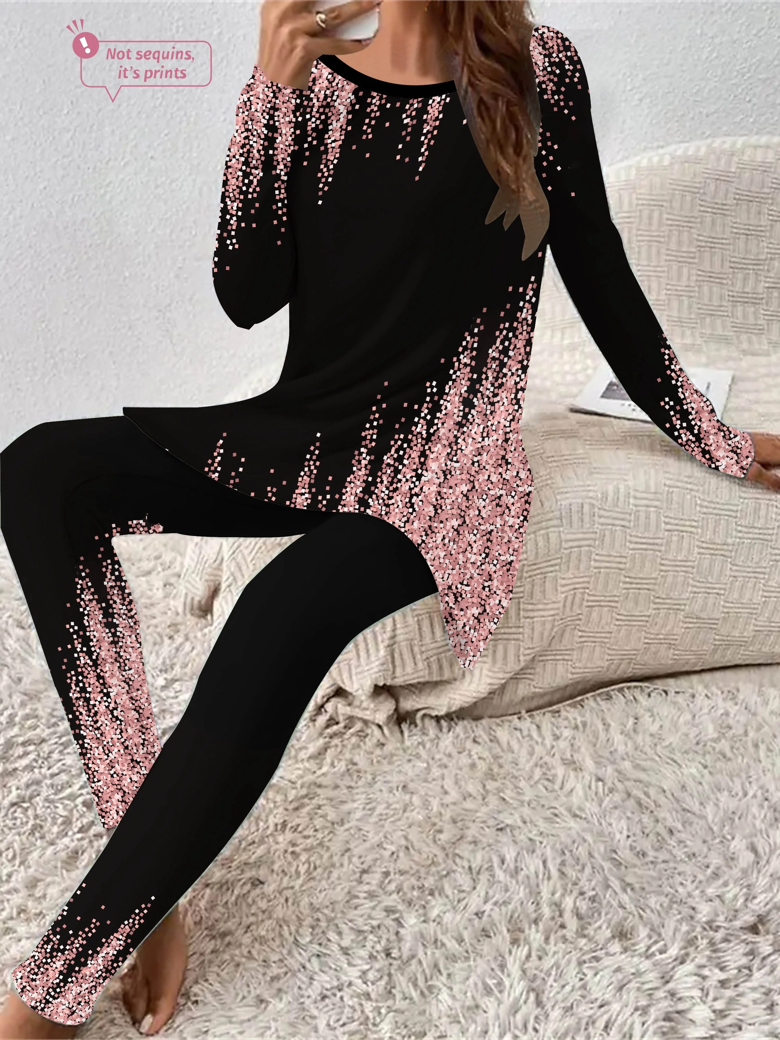 Women's Jersey Abstract Daily Going Out Two Piece Set Long Sleeve Casual Spring/Fall Top With Pants Matching Set