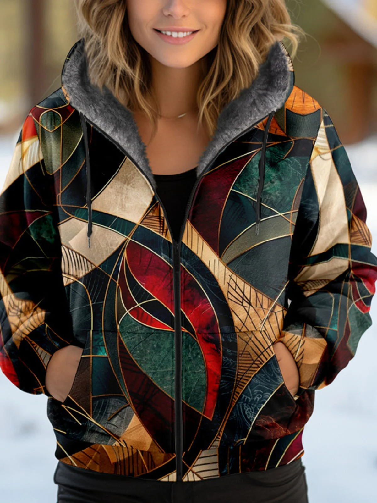 Women's Autumn Outerwear Casual Geometric Long Sleeve Hoodie Jacket