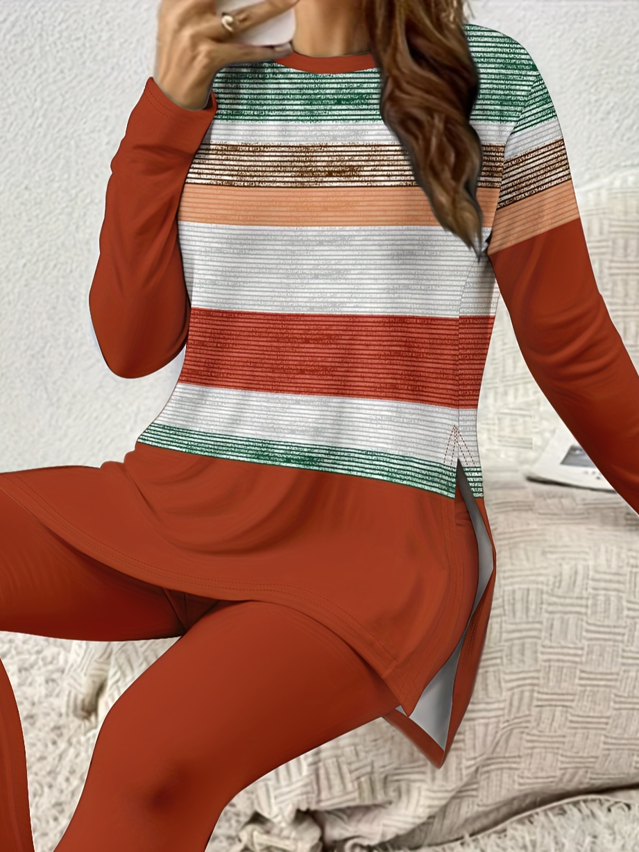 Women's Jersey Striped Daily Going Out Two Piece Set Long Sleeve Casual Spring/Fall Top With Pants Matching Set