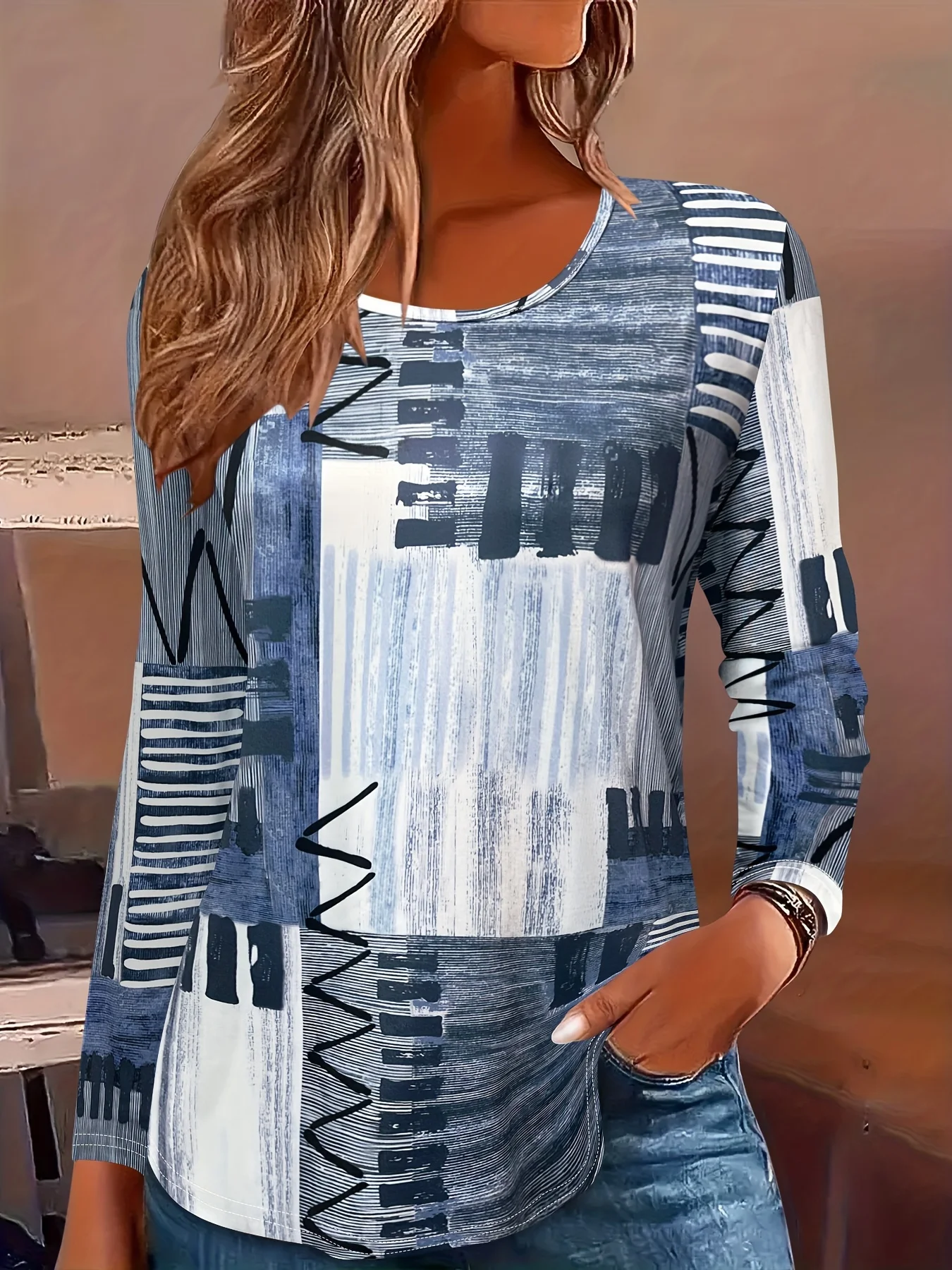 Women's Long Sleeve Tee T-shirt Spring/Fall Geometric Jersey Crew Neck Daily Going Out Casual Top