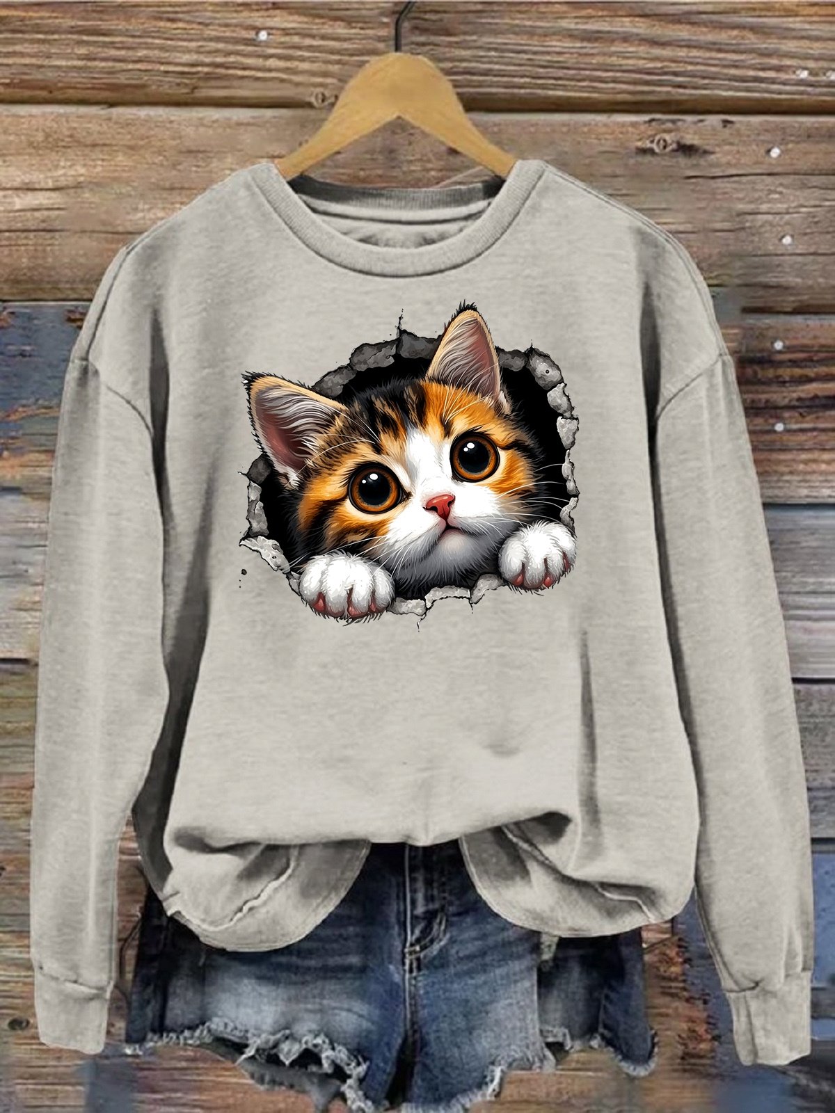 Women's Crew Neck Cat Casual Spring/Fall Long Sleeve Sweatshirt