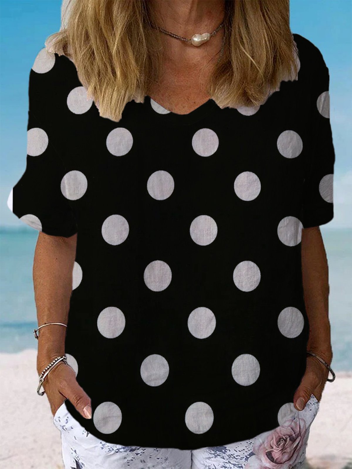 Women's Short Sleeve Blouse Summer Polka Dots Cotton Crew Neck Daily Going Out Casual Top