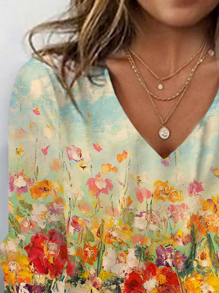 Women's Long Sleeve Tee T-shirt Spring/Fall Floral Jersey V Neck Daily Going Out Casual Top