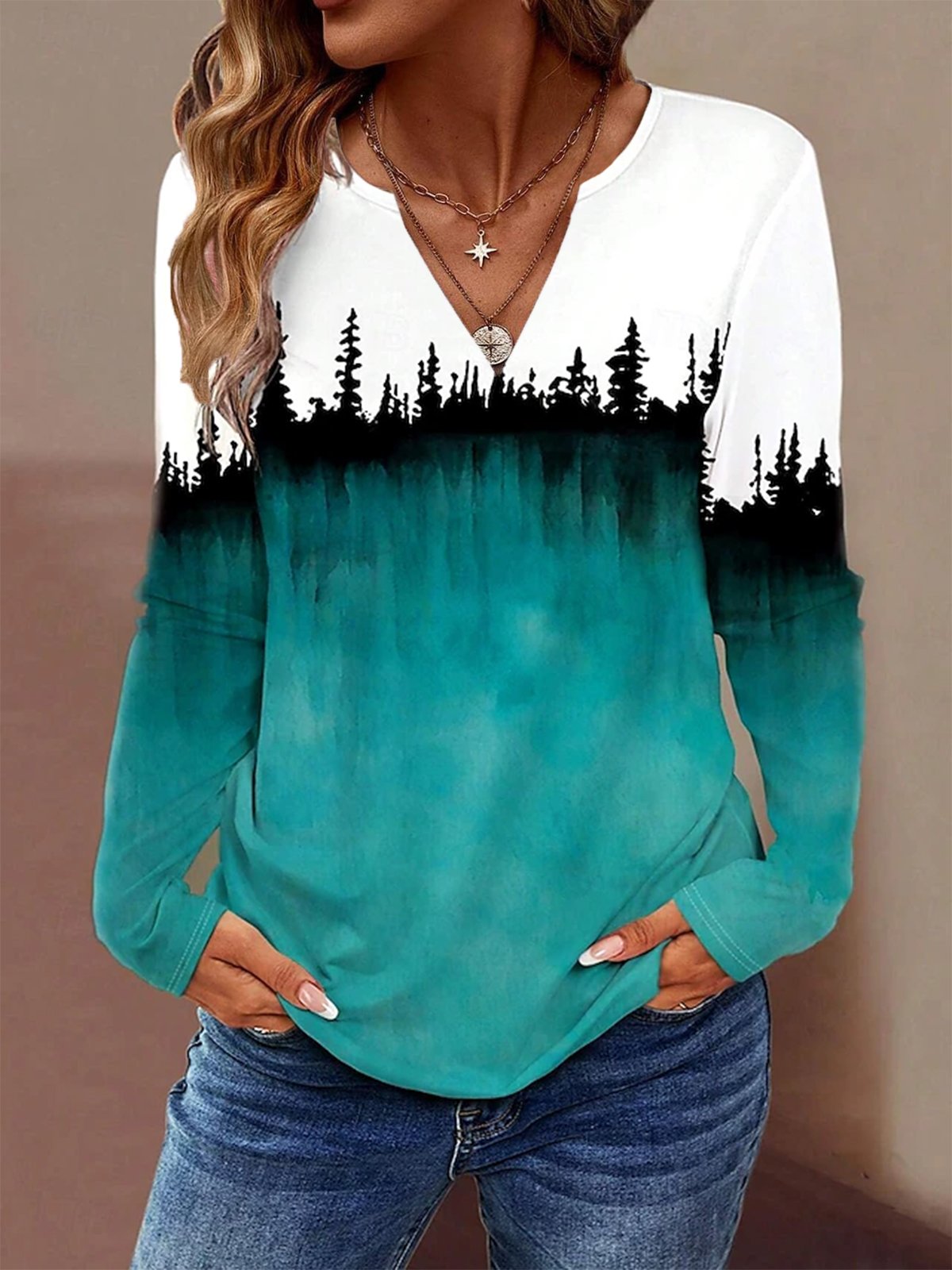 Women's Long Sleeve Blouse Spring/Fall Abstract Jersey V Neck Daily Going Out Casual Top