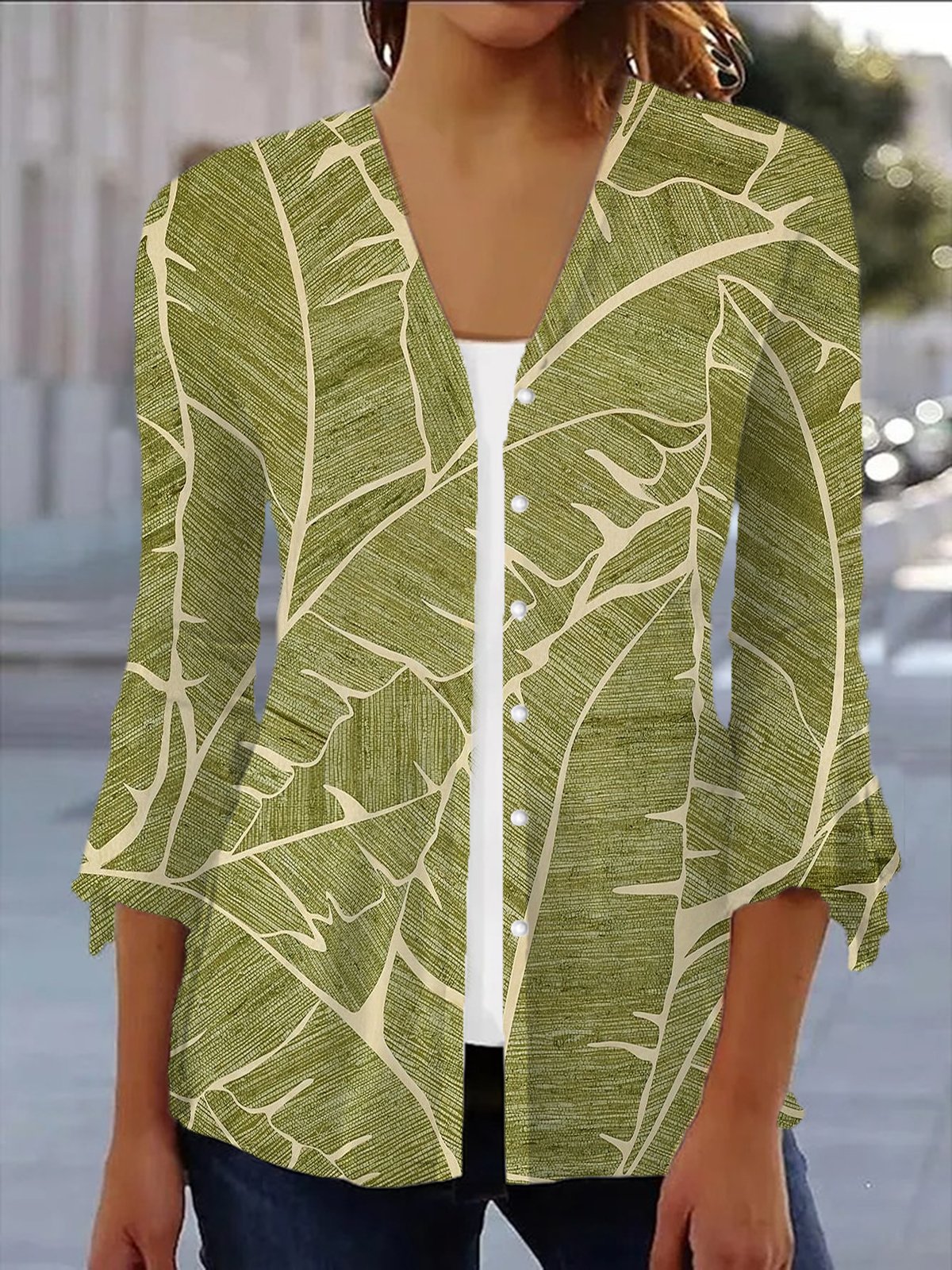 Women's Spring/Fall Outerwear Casual Leaf Jersey Shawl Jacket