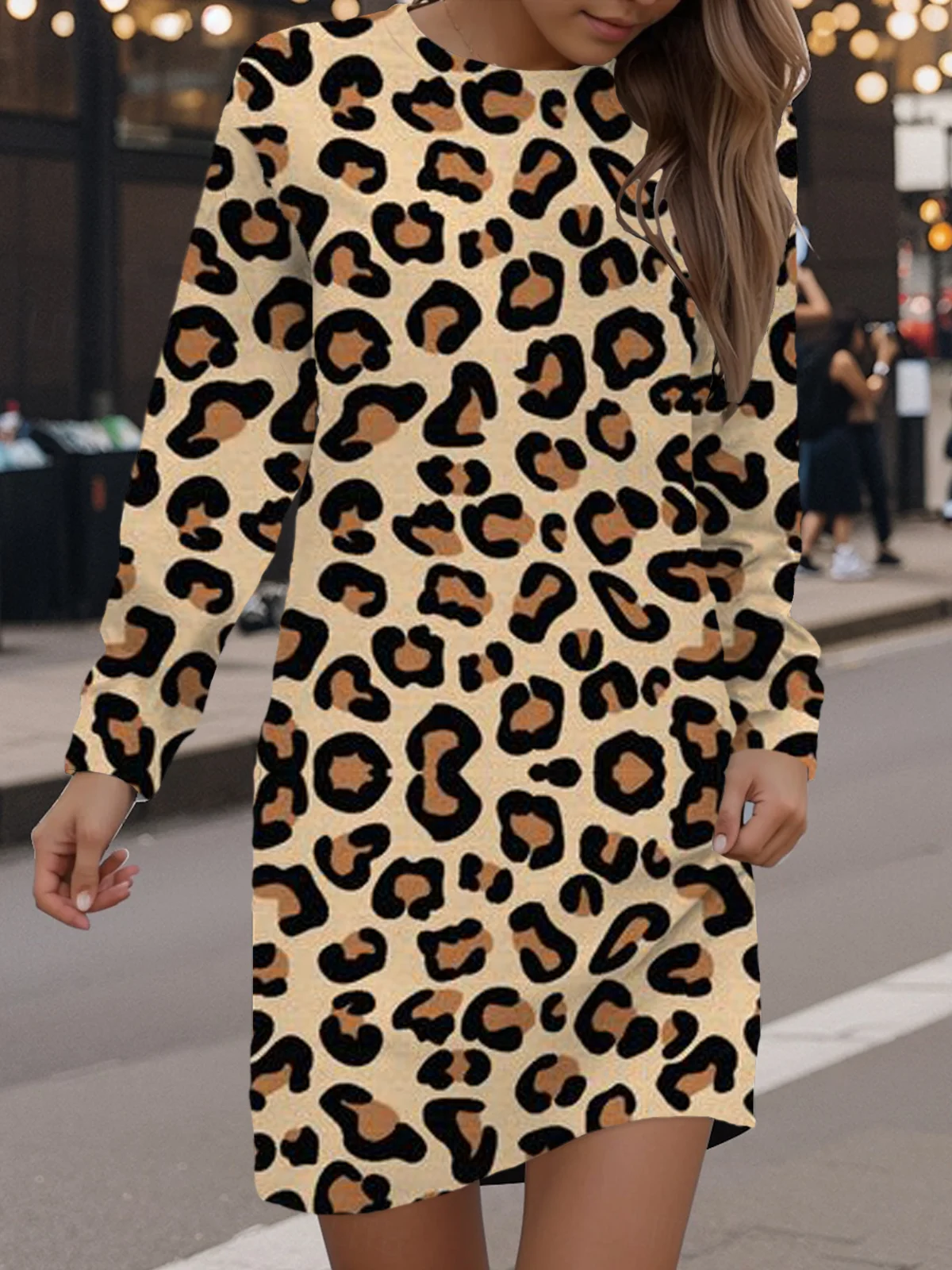 Women's Long Sleeve Spring/Fall Leopard Dress Crew Neck Daily Going Out Casual Mini H-Line Hip Skirt