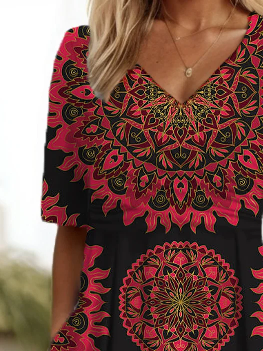 Women's Short Sleeve Summer Ethnic Dress V Neck Daily Going Out Casual Maxi A-Line