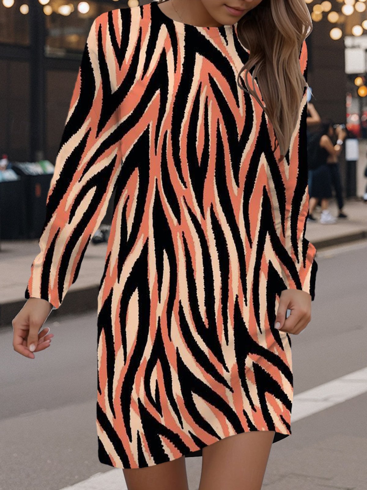 Women's Long Sleeve Spring/Fall Zebra Dress Crew Neck Daily Going Out Casual Mini H-Line Hip Skirt