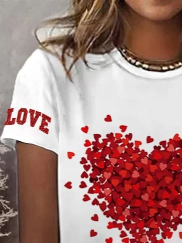 Women's Valentine's Day Love Heart Print Short Sleeve Round Neck T-Shirt