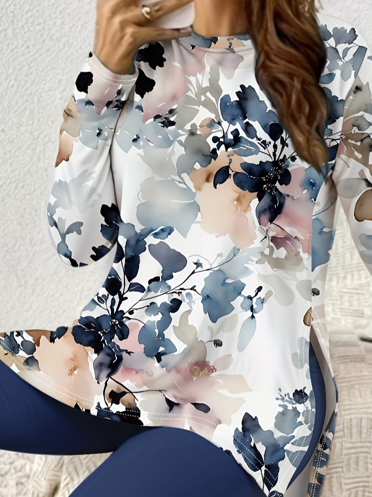 Women's Jersey Floral Daily Going Out Two Piece Set Long Sleeve Casual Spring/Fall Top With Pants Matching Set