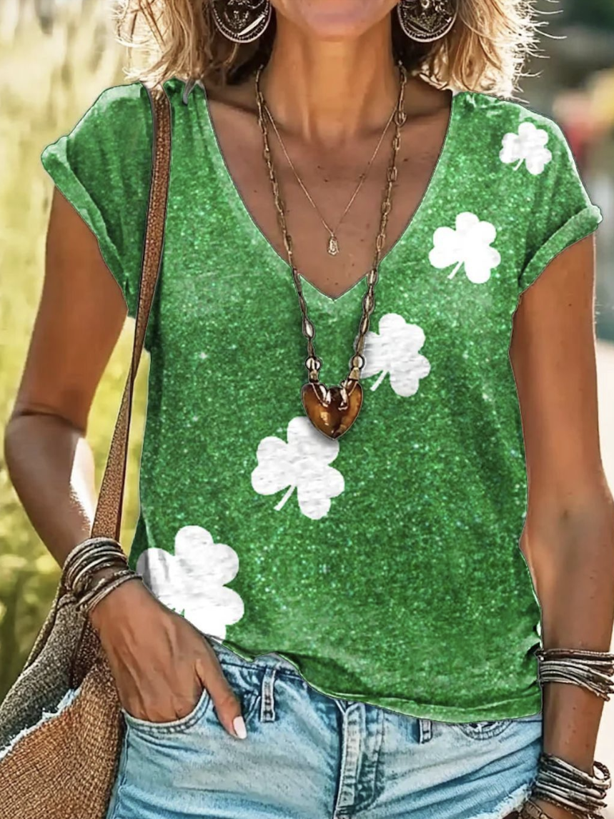 Women‘s St Patricks Day Shamrock Print Casual Short Sleeve V Neck T-Shirt